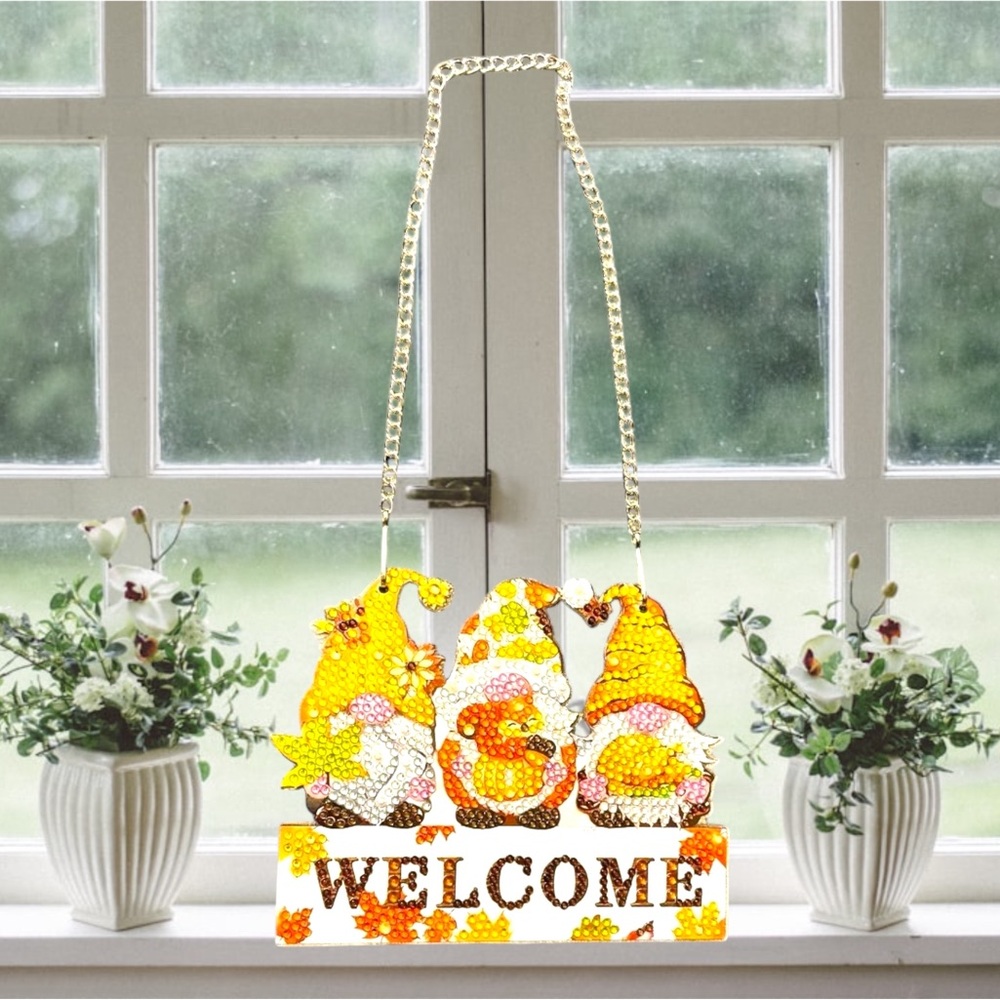Gnome Welcome Fall Hanging Wall Decor Hand Crafted Sealed Diamond Art - Picture 3 of 3